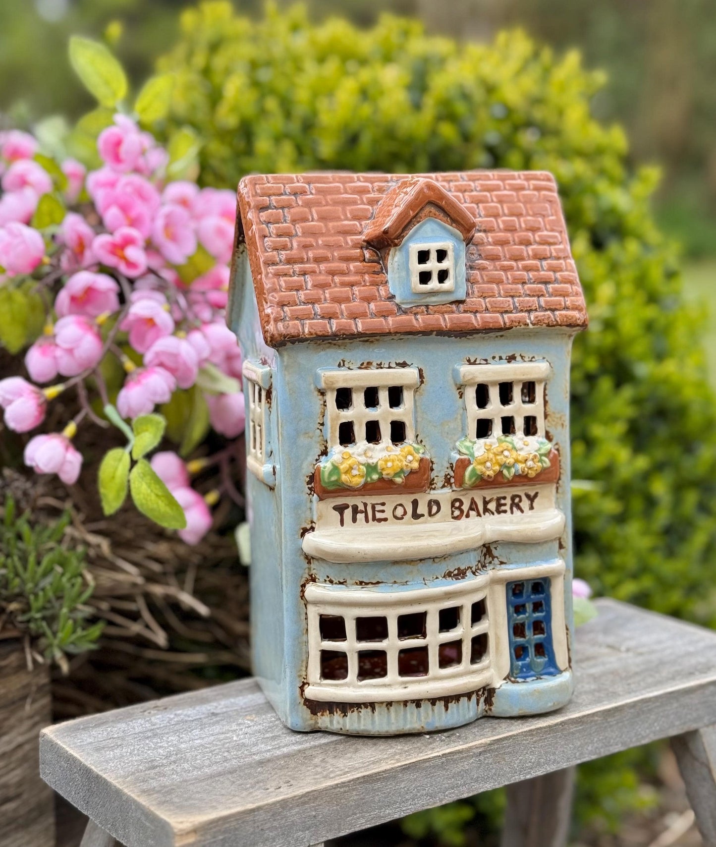 NEW! Blue Village Old Bakery Ceramic Tealight House