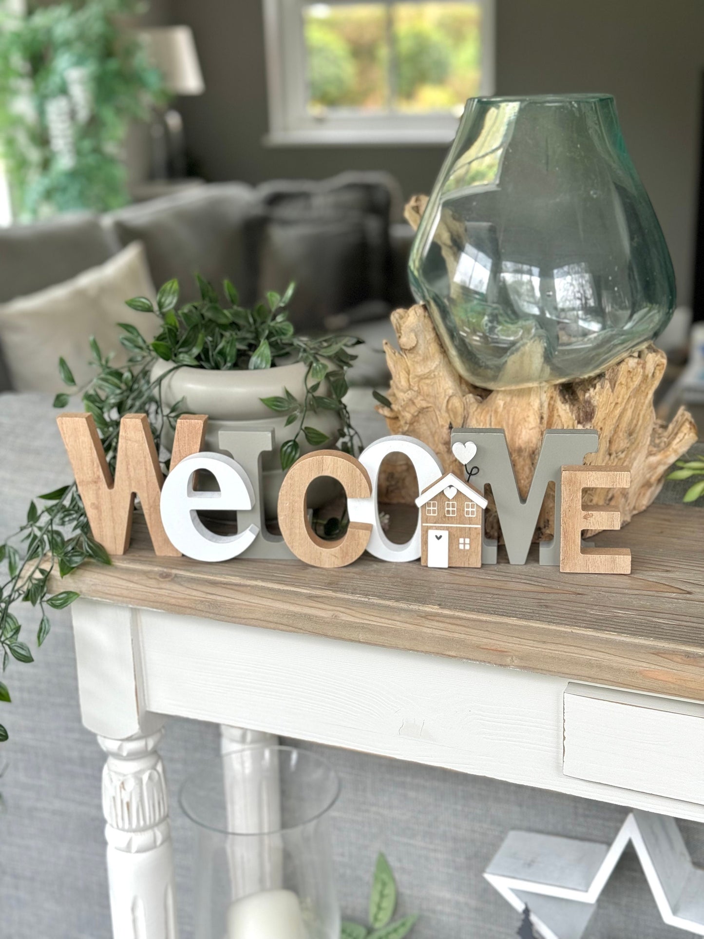Wooden Welcome Sign with House Decor