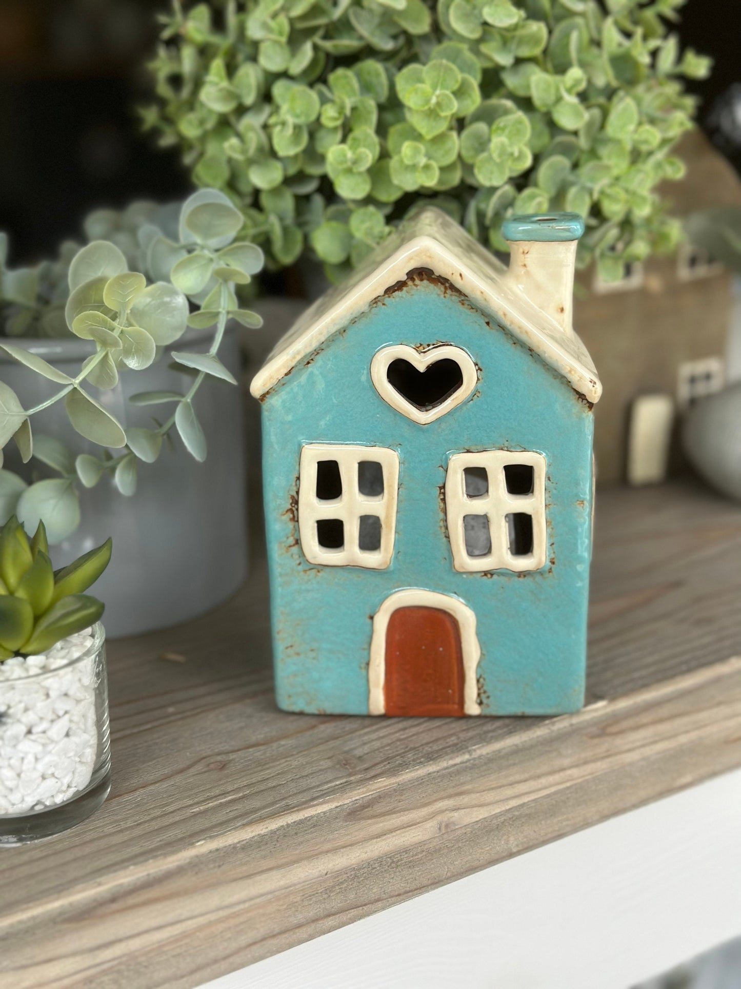 Teal Ceramic House /Cottage Candle Holder