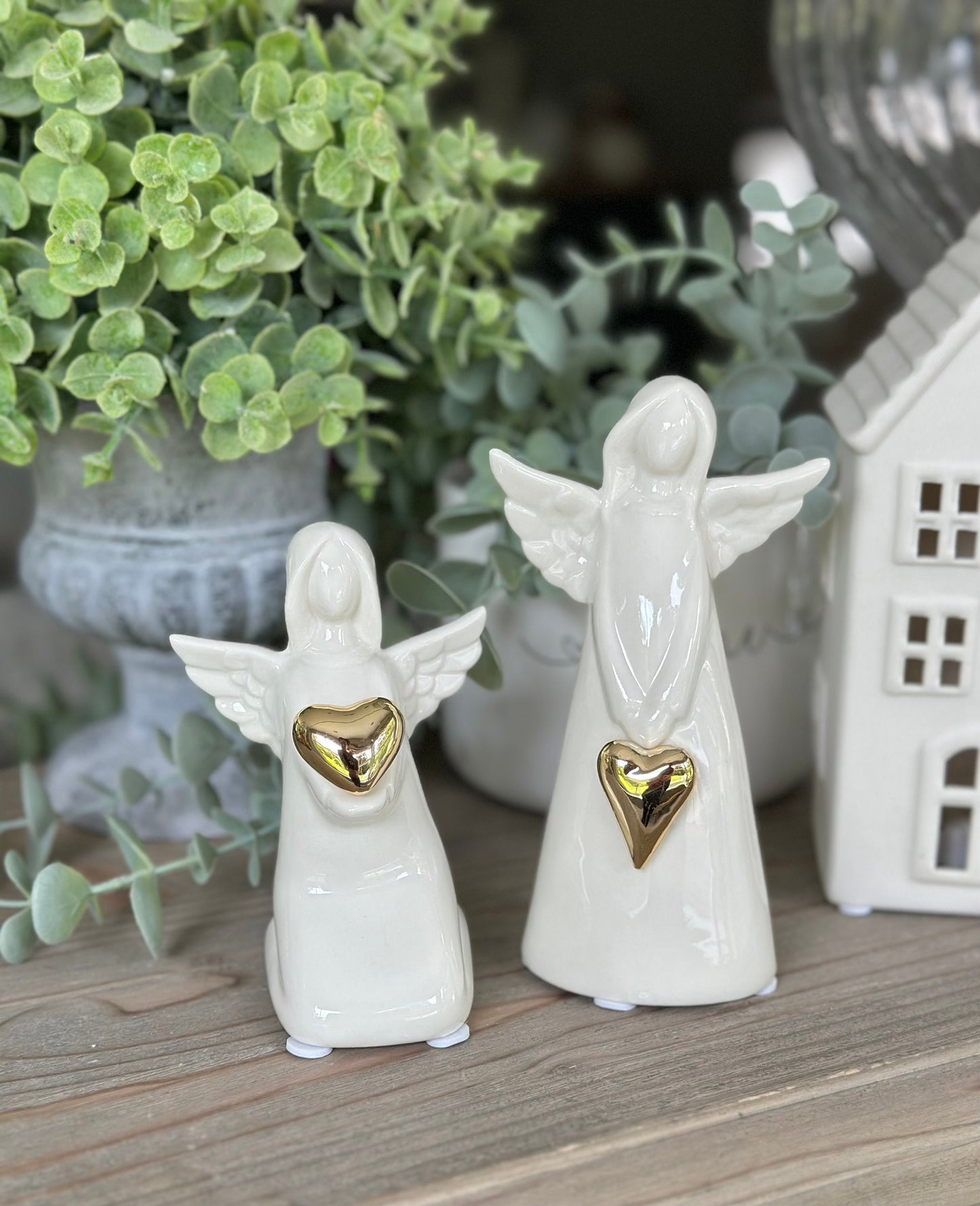 Glossy White ceramic glazed Angel with Gold Heart - 2 Sizes Available