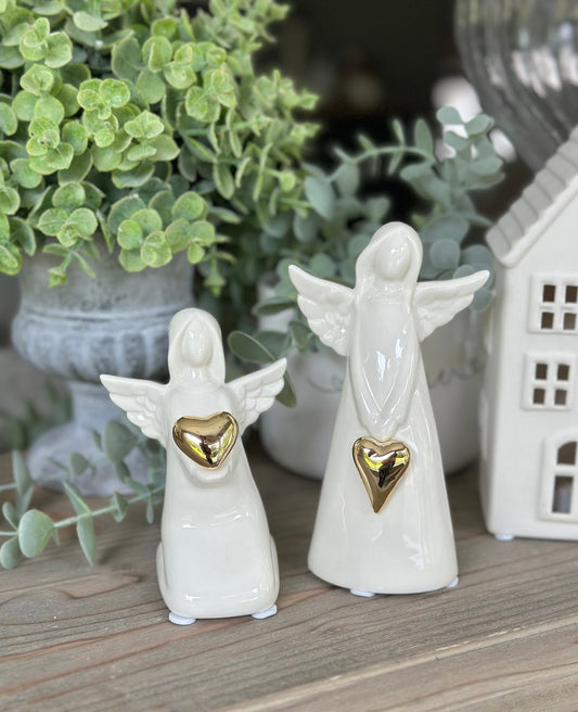 Glossy White ceramic glazed Angel with Gold Heart - 2 Sizes Available