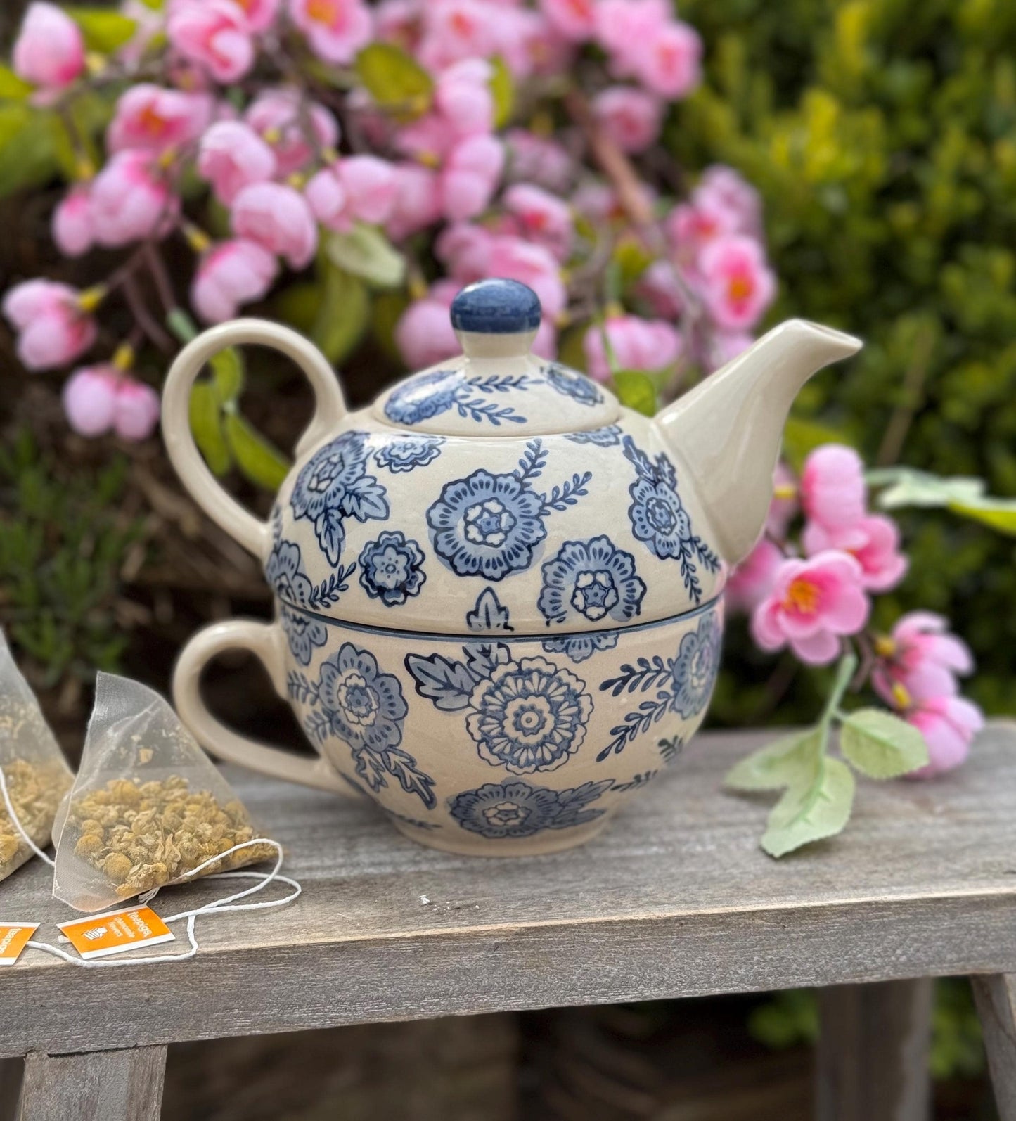 Blue Willow Floral Tea for One Teapot and Cup Set