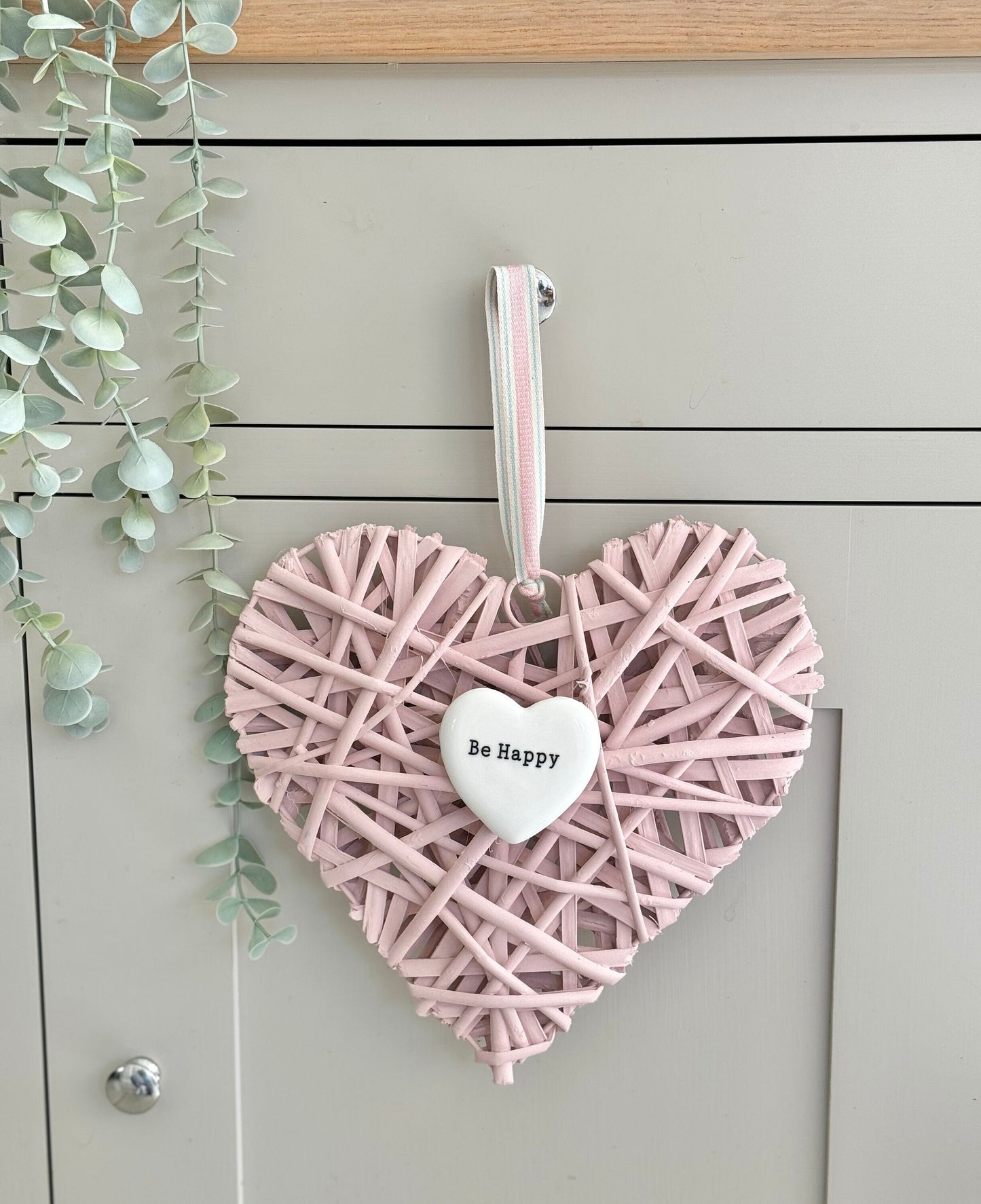 Be Happy Pink Wicker Heart Hanger