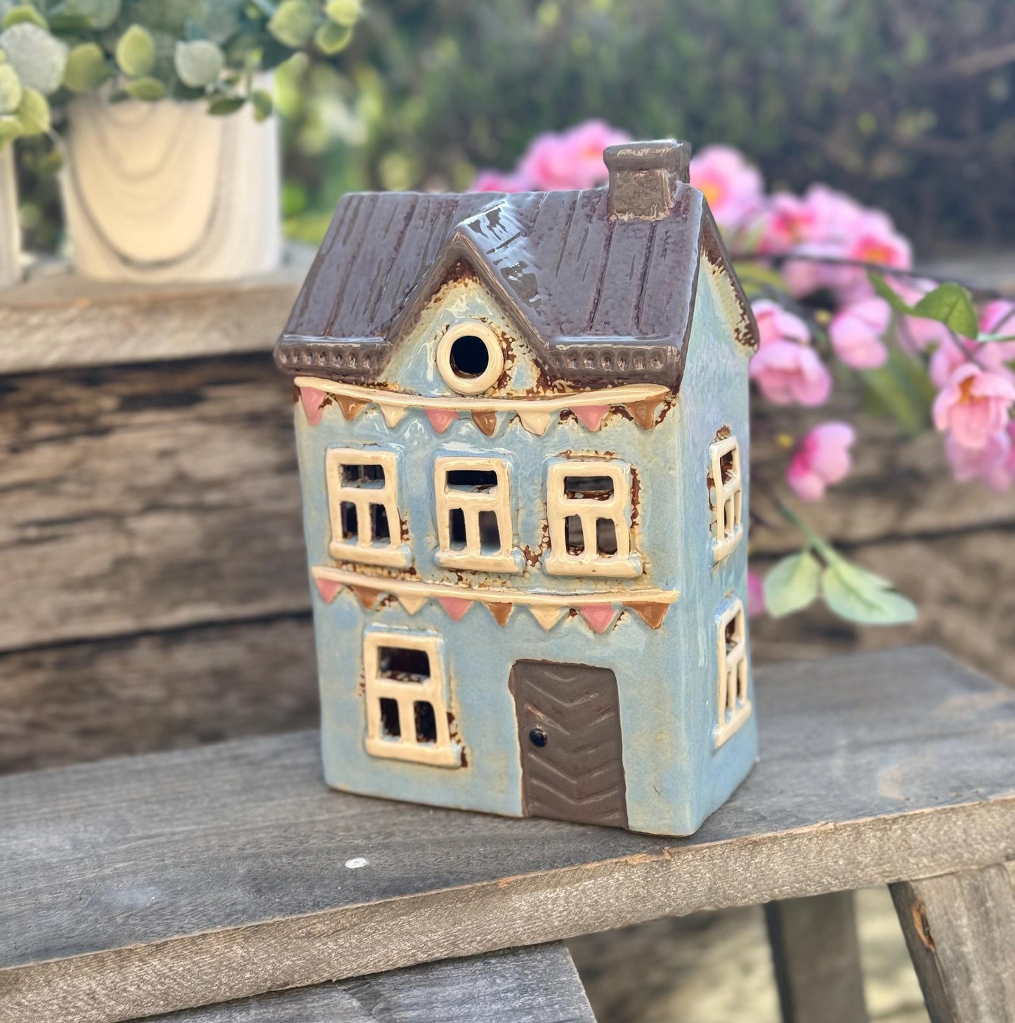 NEW! Blue Townhouse with Bunting Ceramic Tealight