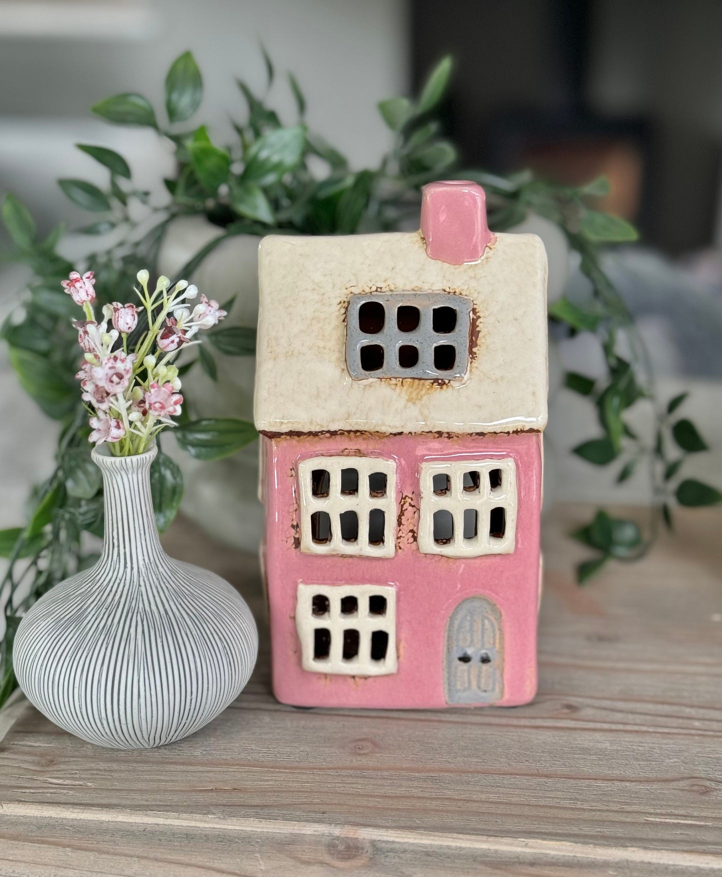 Pink Traditional Village House Candle Holder