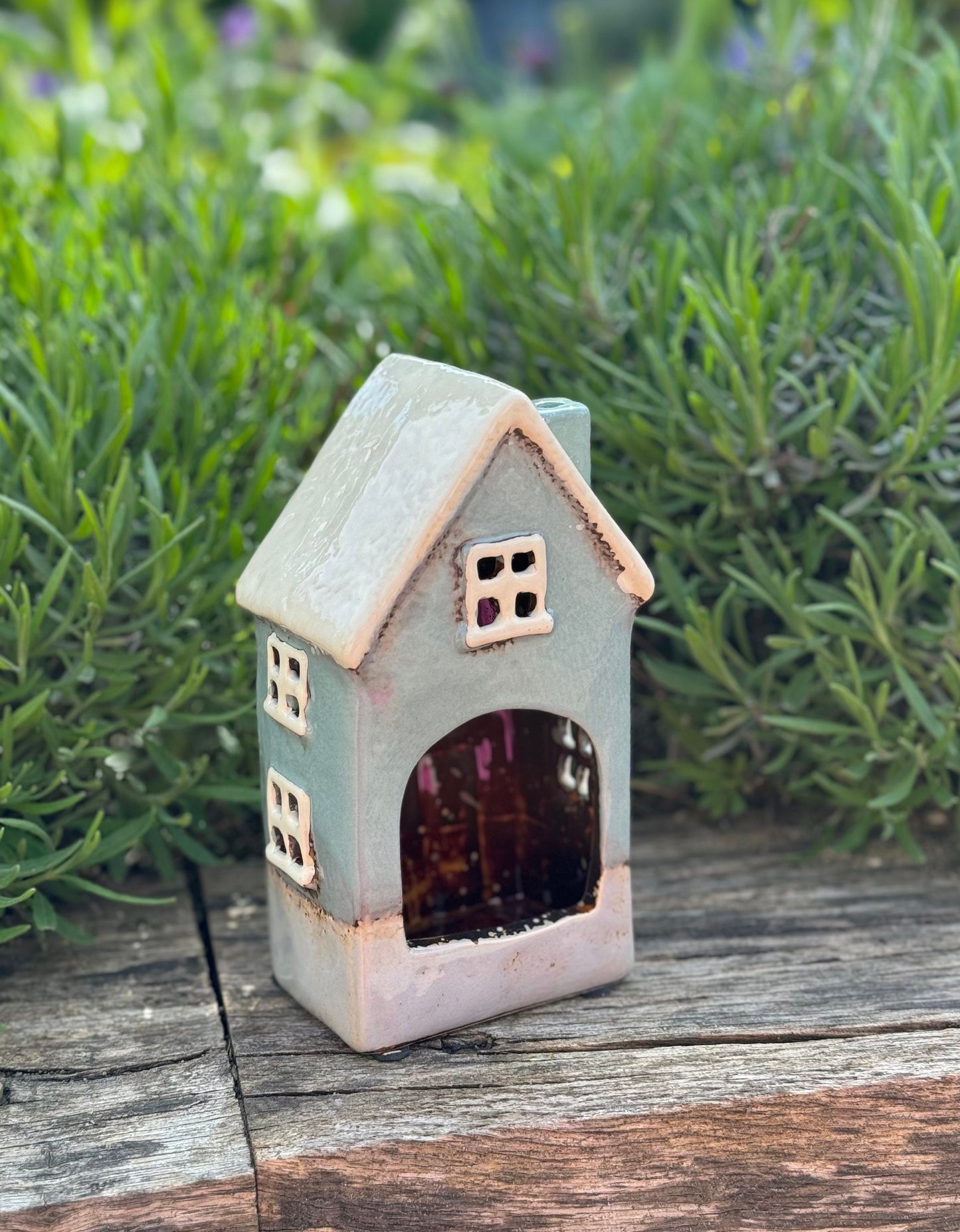 Duck Egg Traditional Village House /Cottage Candle Holder