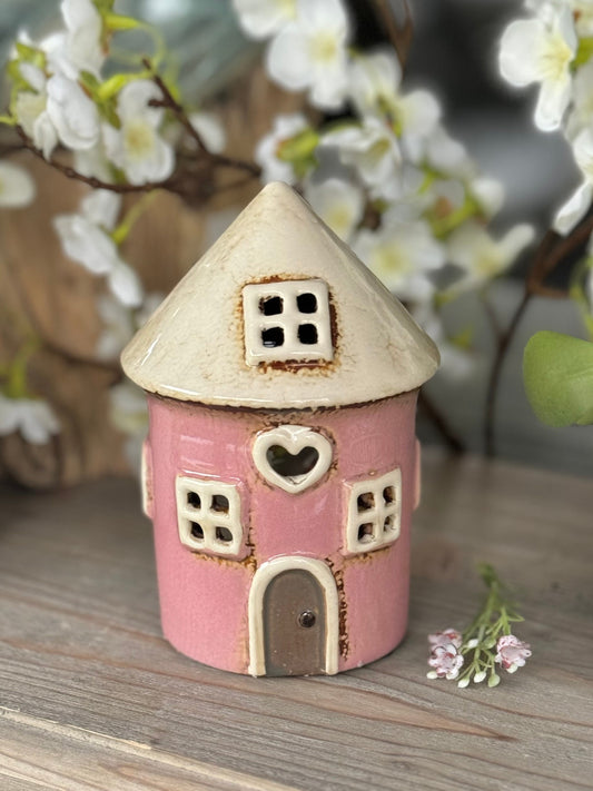Pink Ceramic Round Village Cottage Candle Holder