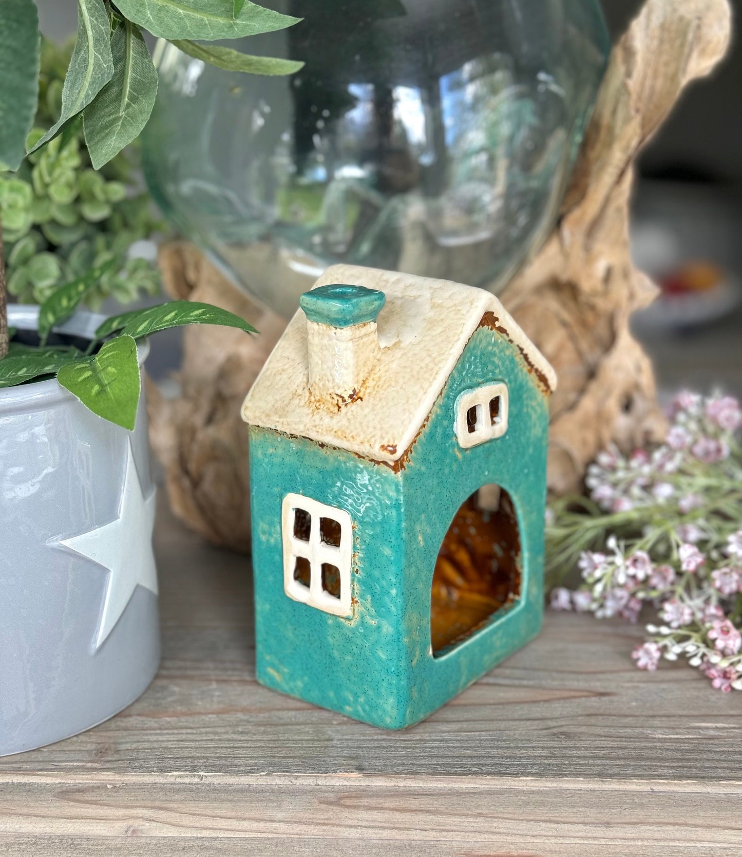 Teal Ceramic Heart Cottage Candle Holder