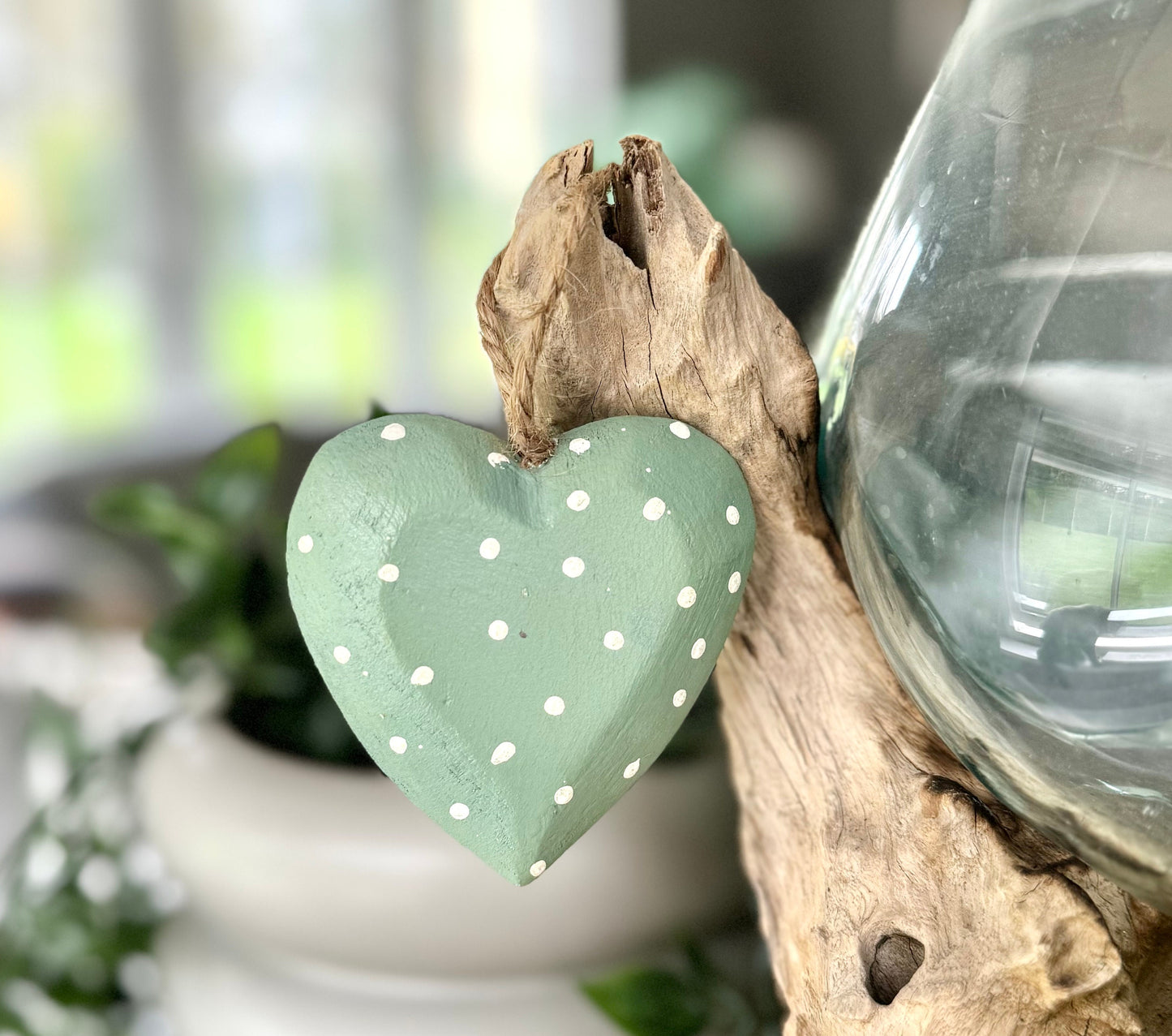 Sage Polka Dot Wood Heart - 8cm