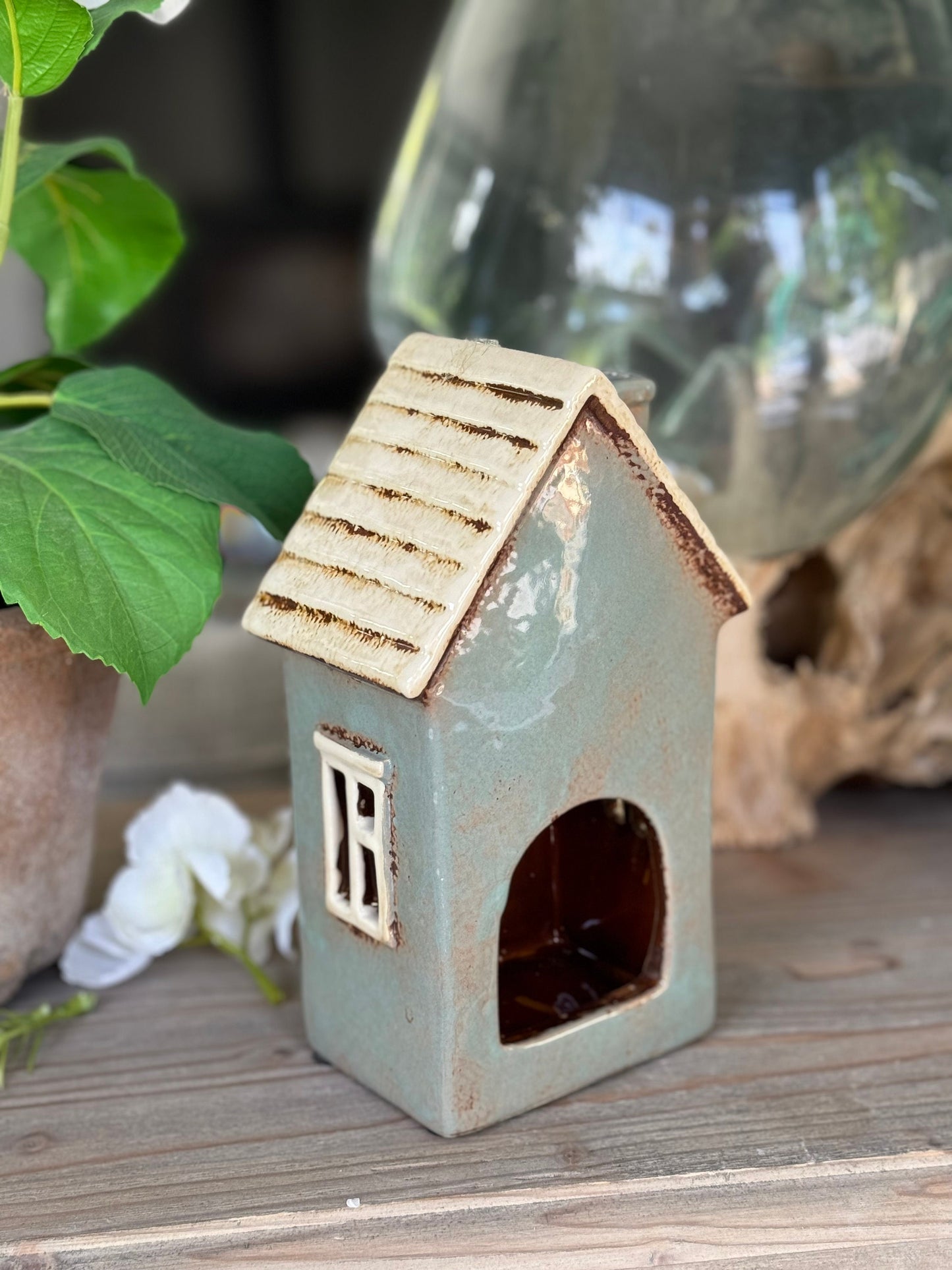 Duck Egg Traditional Village House /Cottage Candle Holder