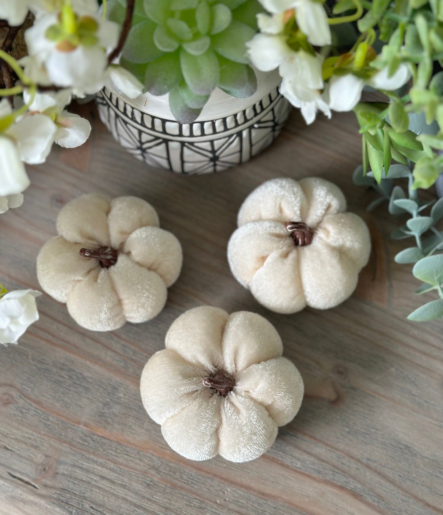 A charming set of 3 Ivory velvet pumpkins