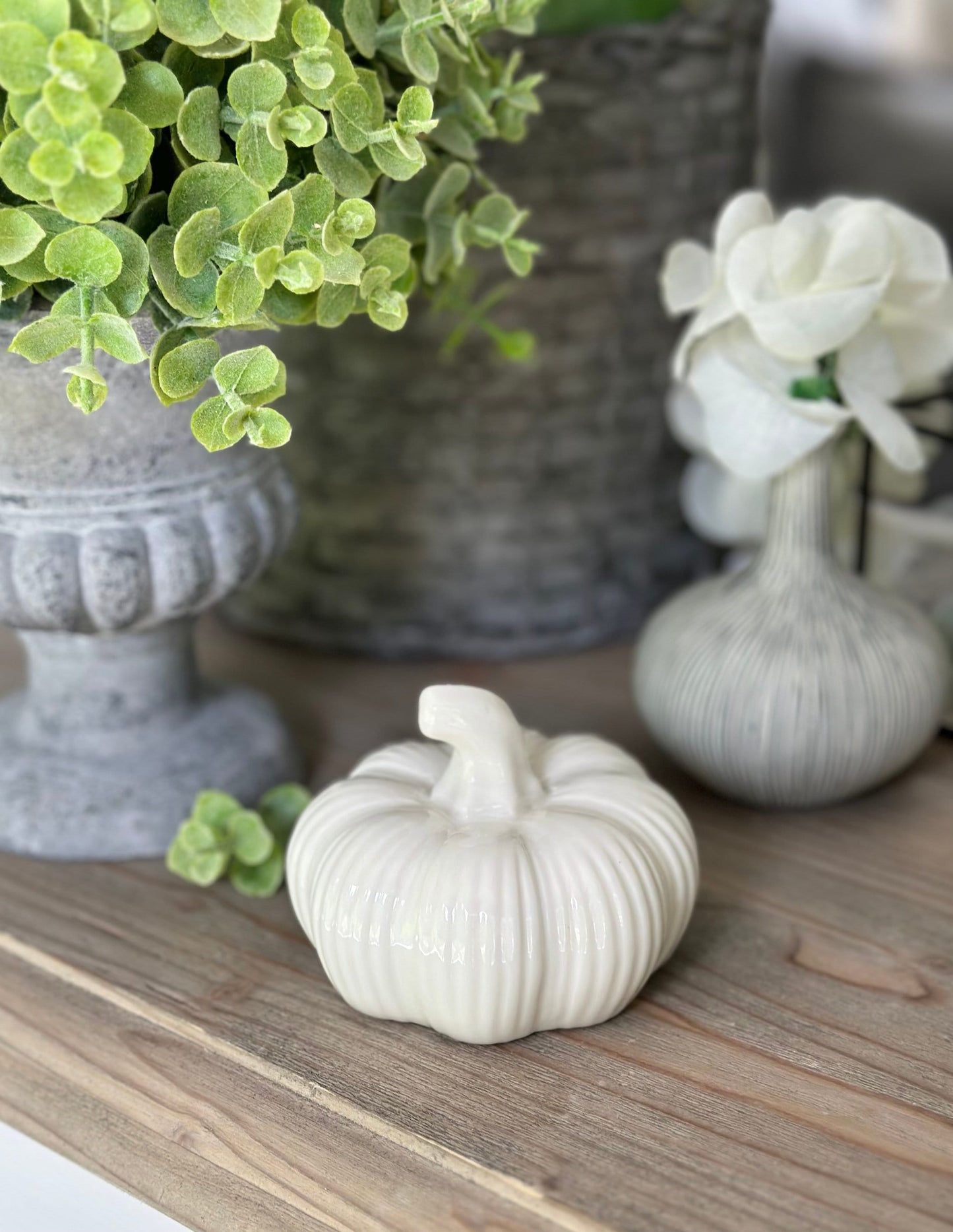 Ribbed White Ceramic Pumpkins - Choice of 2 Sizes
