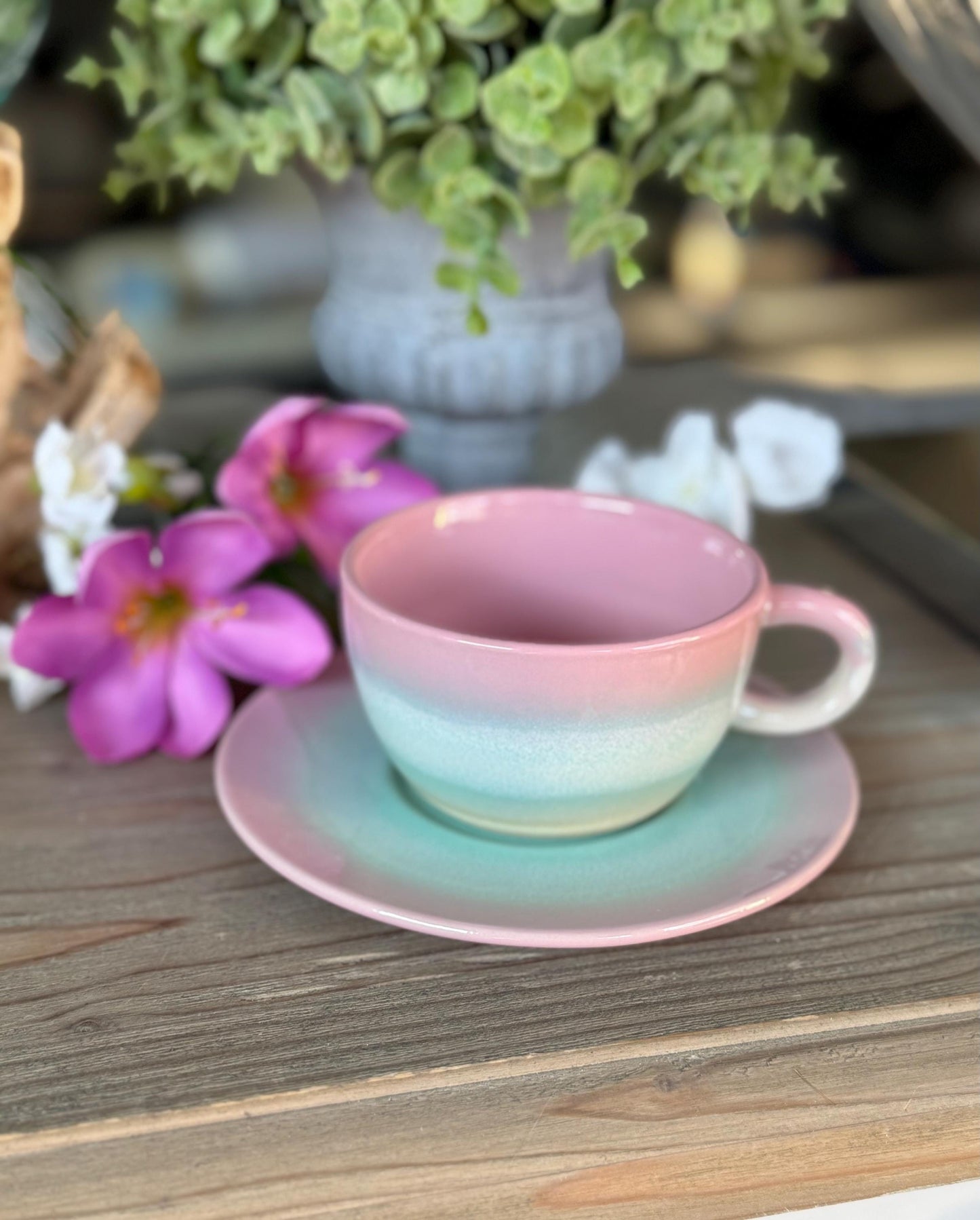 Pastel Tea Cup and Saucer Set:  Pink/Green