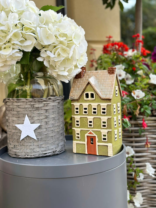 Sage Ceramic House/Cottage Candle Holder - 27cm