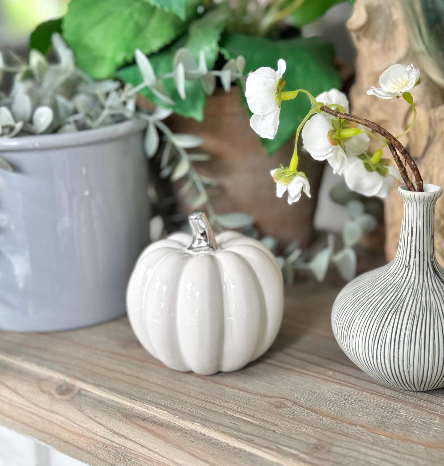 White Glossy Ceramic Pumpkins with Silver Stalk - Choice of 2 Sizes
