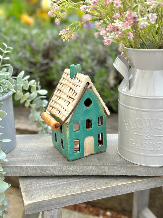 Turquoise Ceramic Townhouse/Cottage Candle Holder