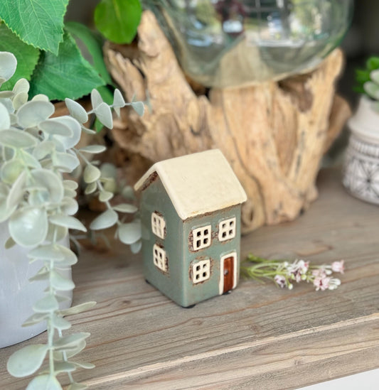 Glazed Aqua Ceramic Town House Tea Light