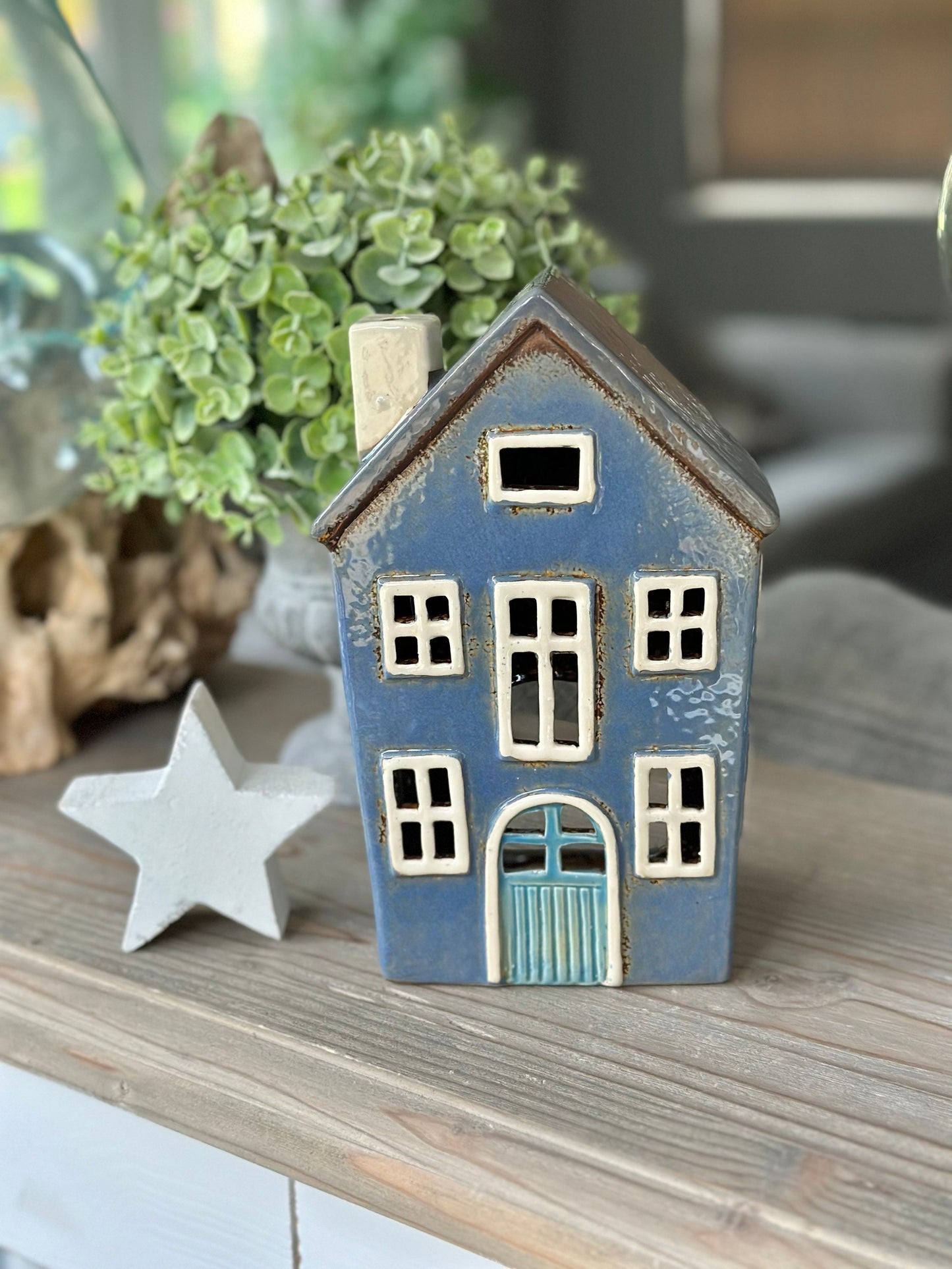 Blue Ceramic House /Cottage Candle Holder