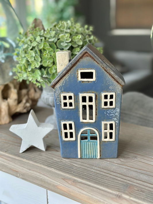 Blue Ceramic House /Cottage Candle Holder