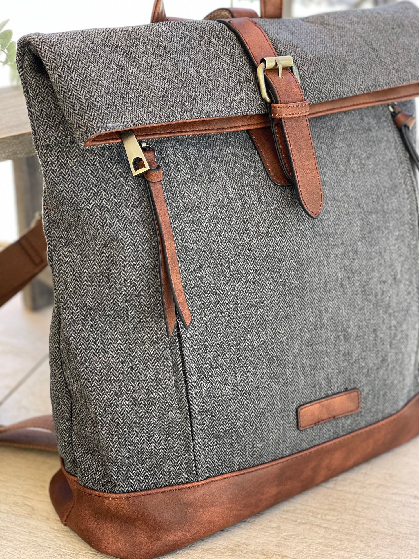 Grey Herringbone Rucksack/Backpack