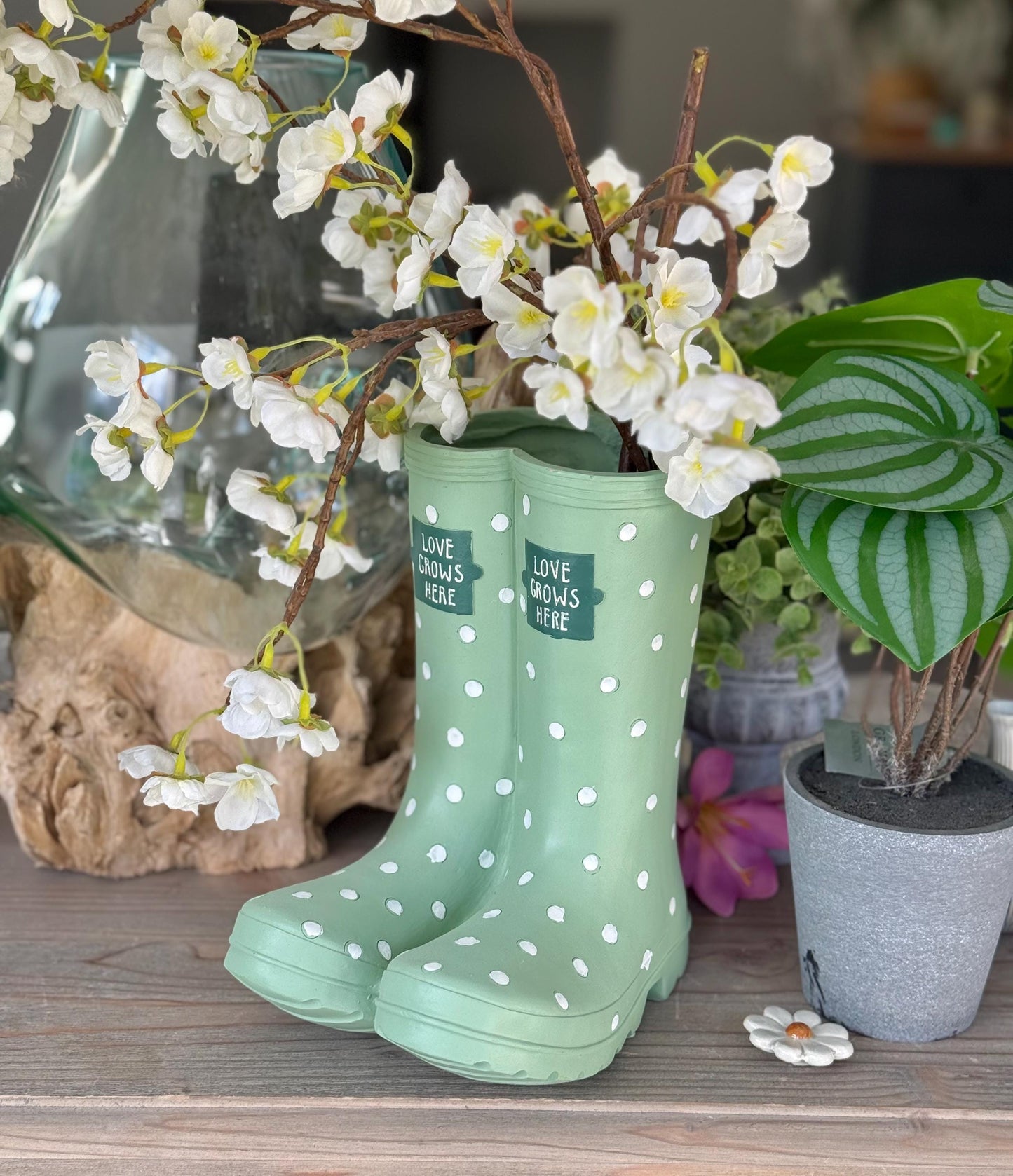 Green Polka Dot Welly Planter