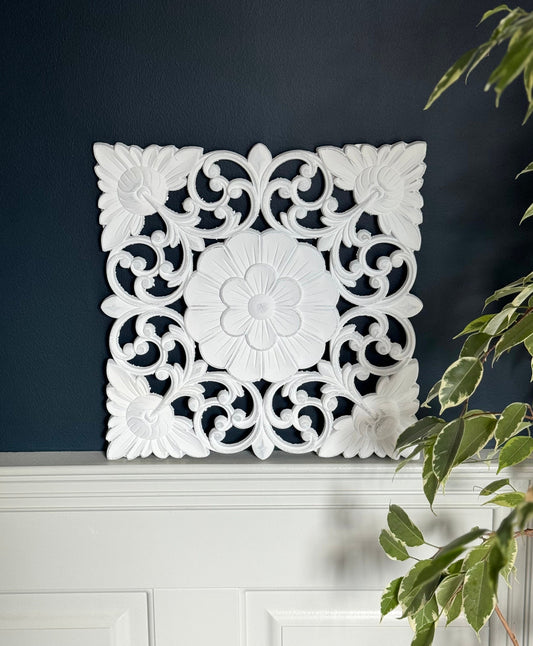 Floral White Painted Carved Square