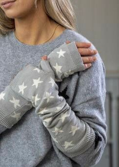 Pale Grey Cotton Long Fingerless Mittens