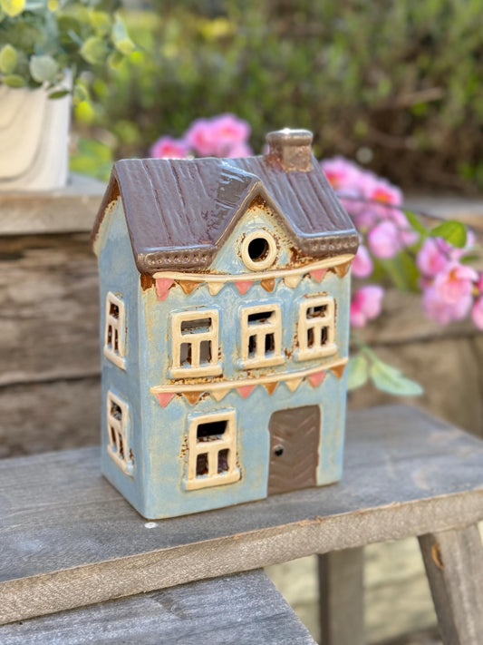 NEW! Blue Townhouse with Bunting Ceramic Tealight