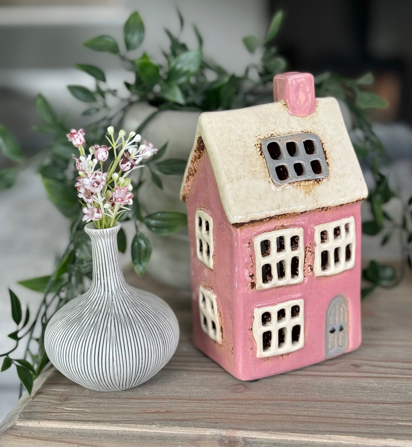 Pink Traditional Village House Candle Holder