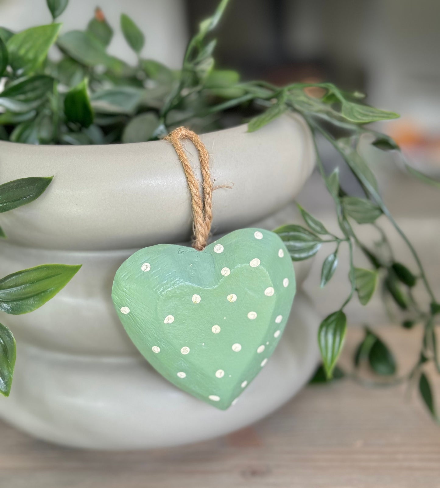 Sage Polka Dot Wood Heart - 8cm
