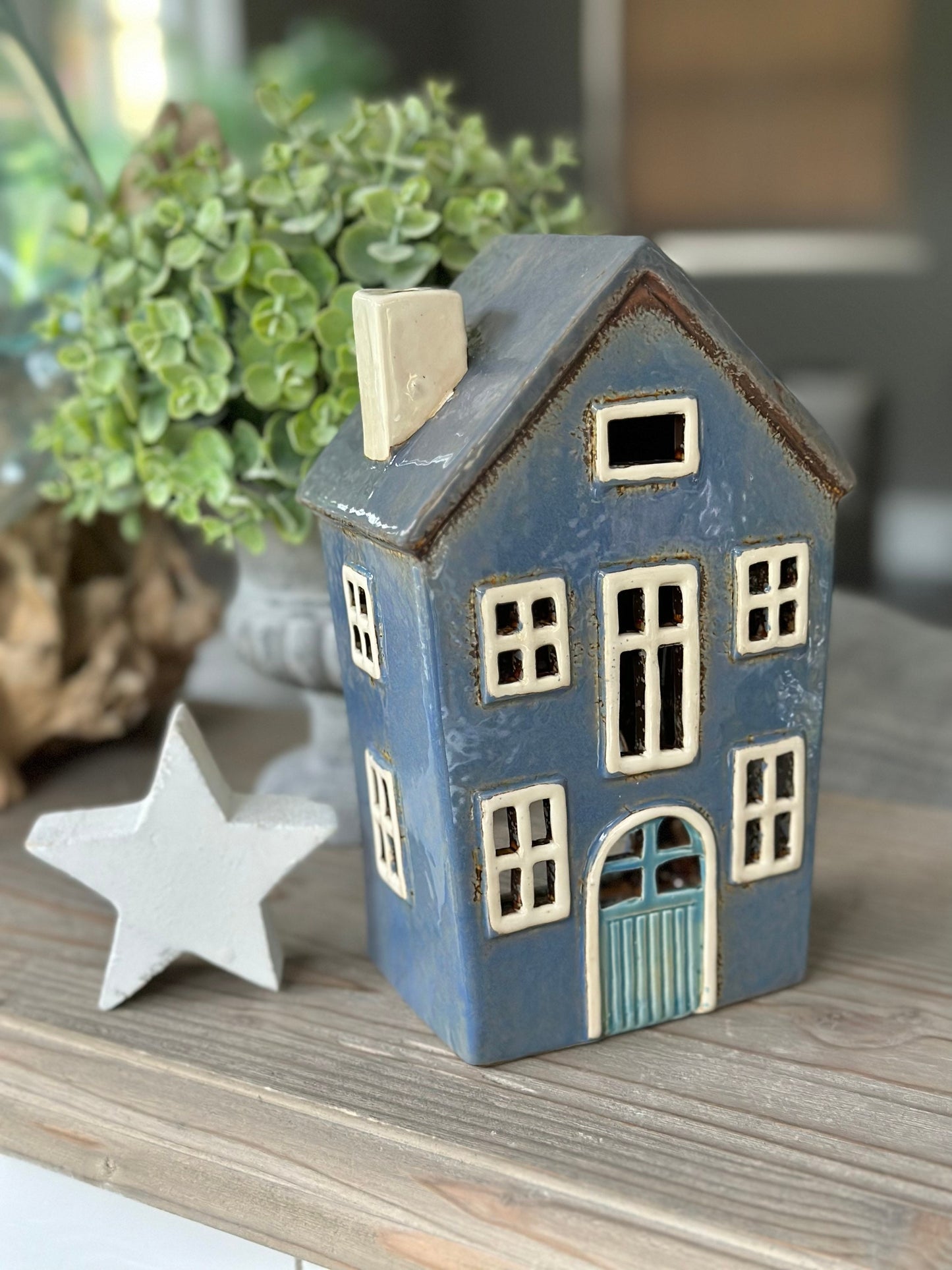 Blue Ceramic House /Cottage Candle Holder