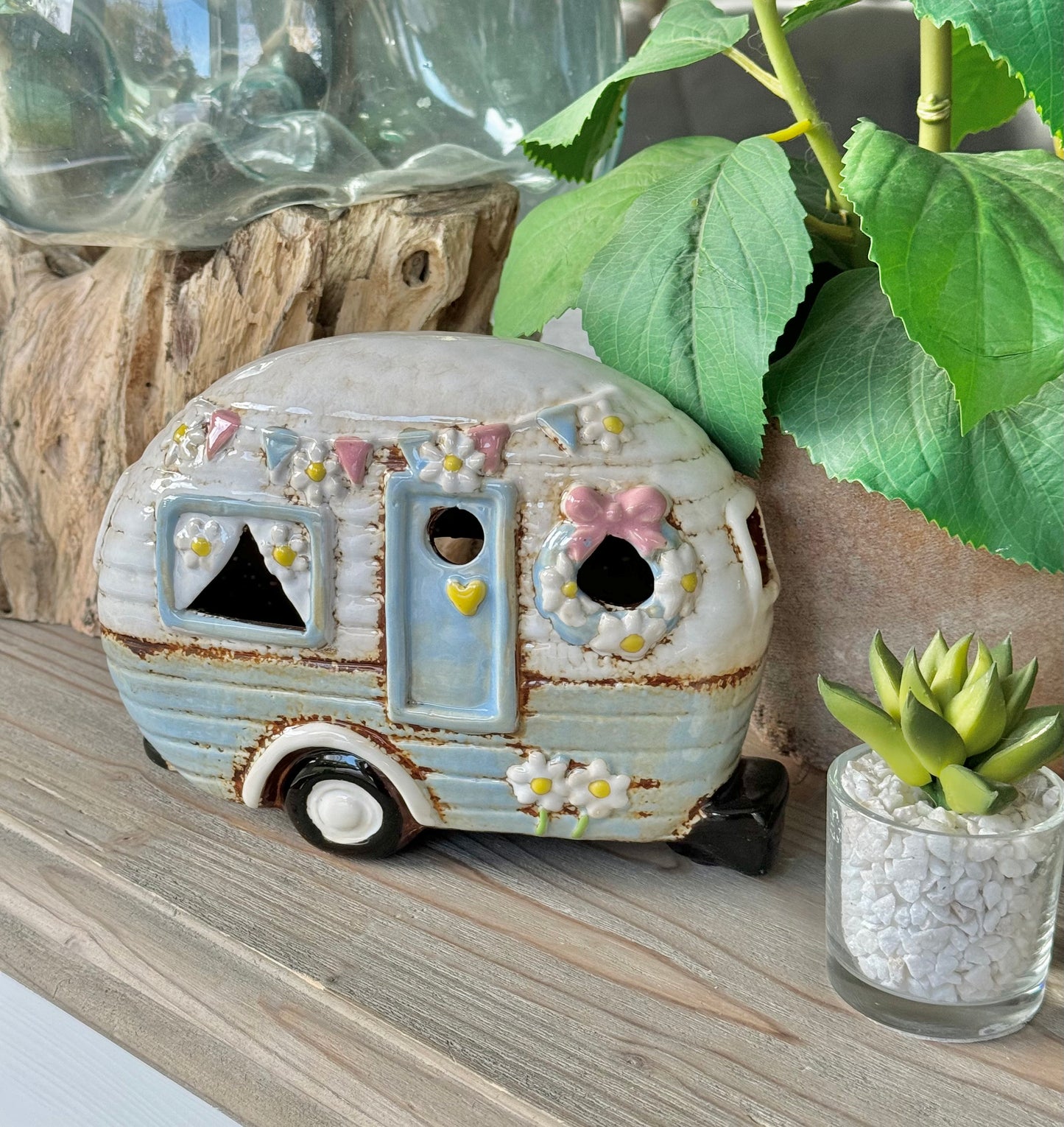 Blue Caravan Bunting Tealight Candle Holder