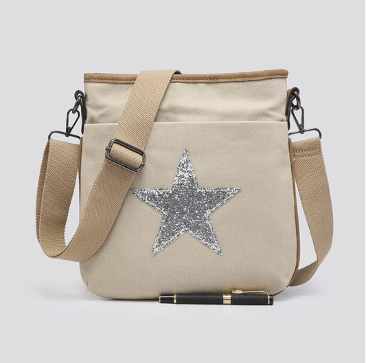 Flat Star Cross Body Messenger Bag - Beige