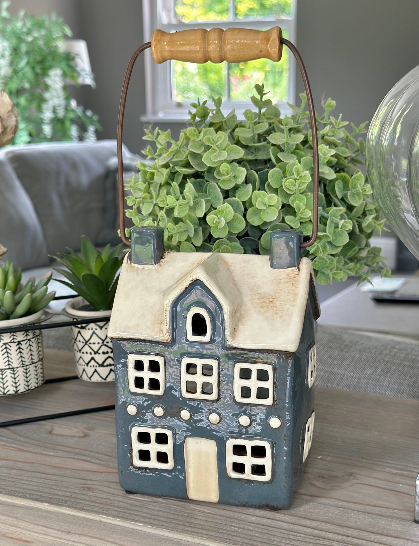 Navy Ceramic House/Cottage Candle Holder with Handle