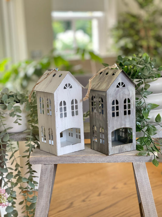 Tall White or Distressed Grey Metal Tea Light House