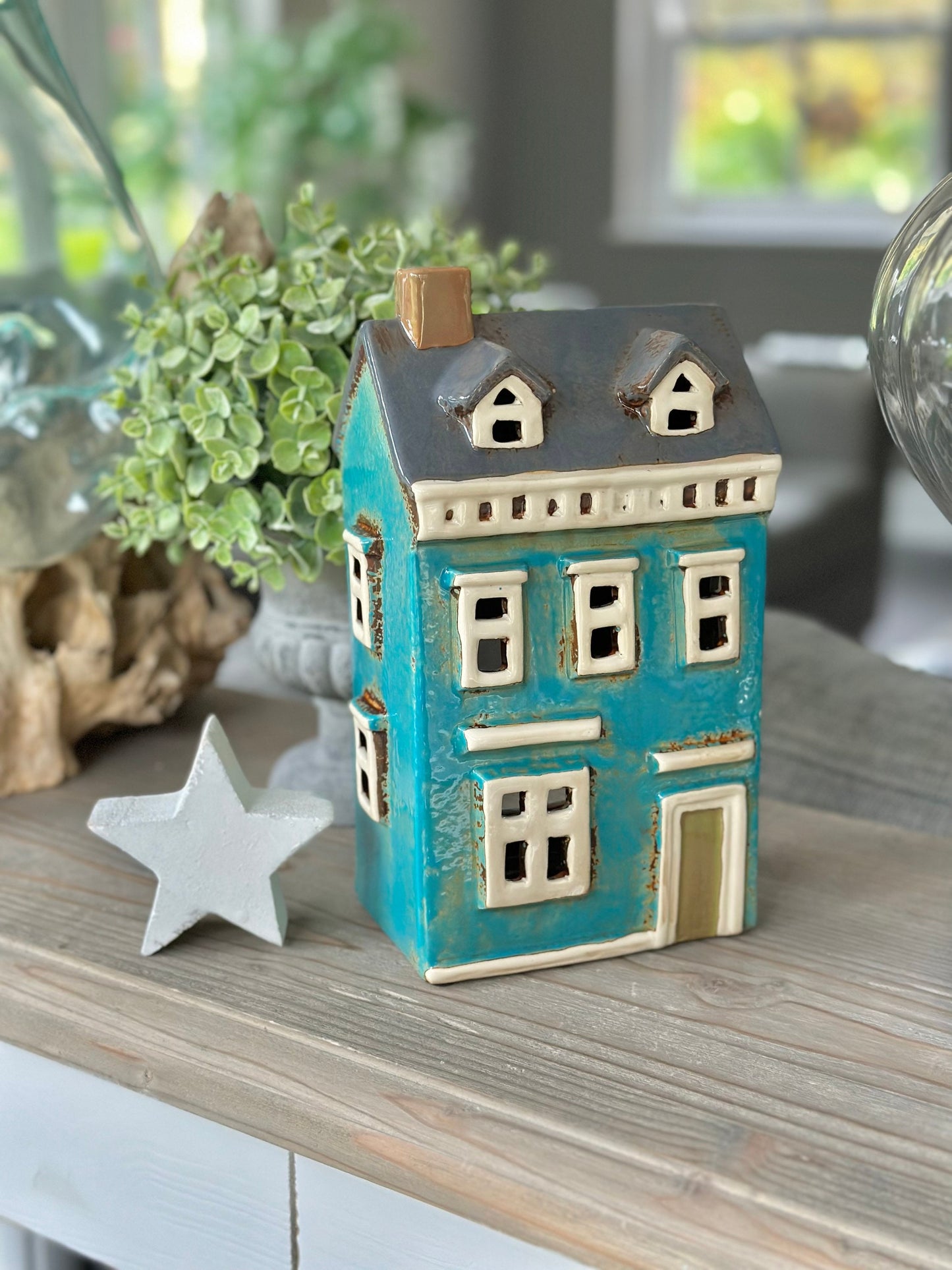 Turquoise Ceramic House /Cottage Candle Holder
