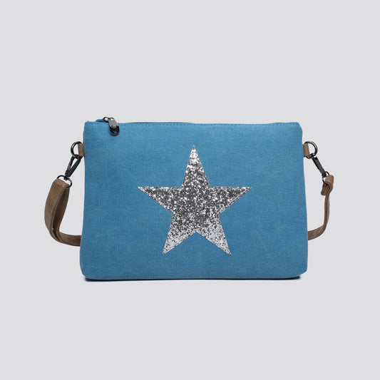 Teal Flat Star Canvas Clutch/Crossbody with Strap