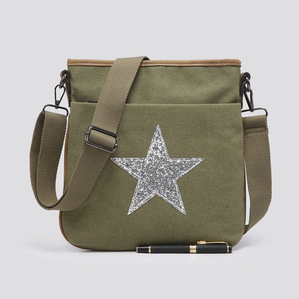 Flat Star Cross Body Messenger Bag - Khaki Green