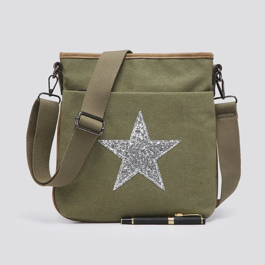 Flat Star Cross Body Messenger Bag - Khaki Green