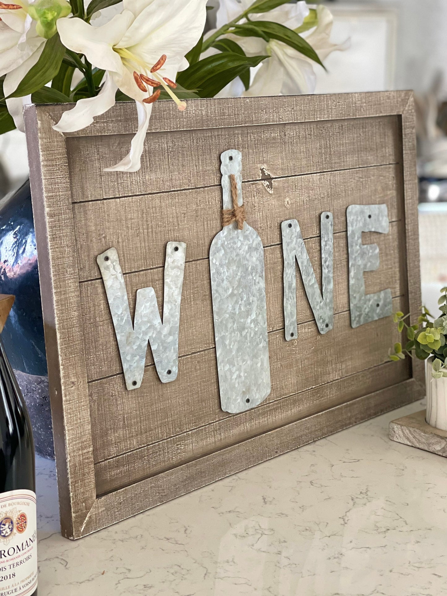 Wood Wine Sign Decor with Galvanized Wine Lettering