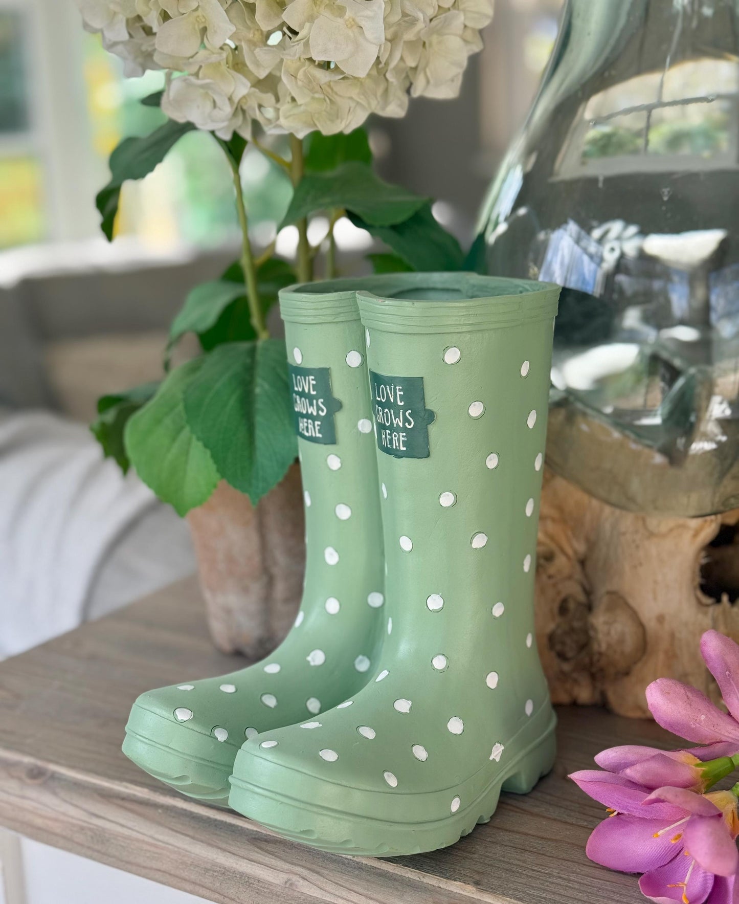 Green Polka Dot Welly Planter
