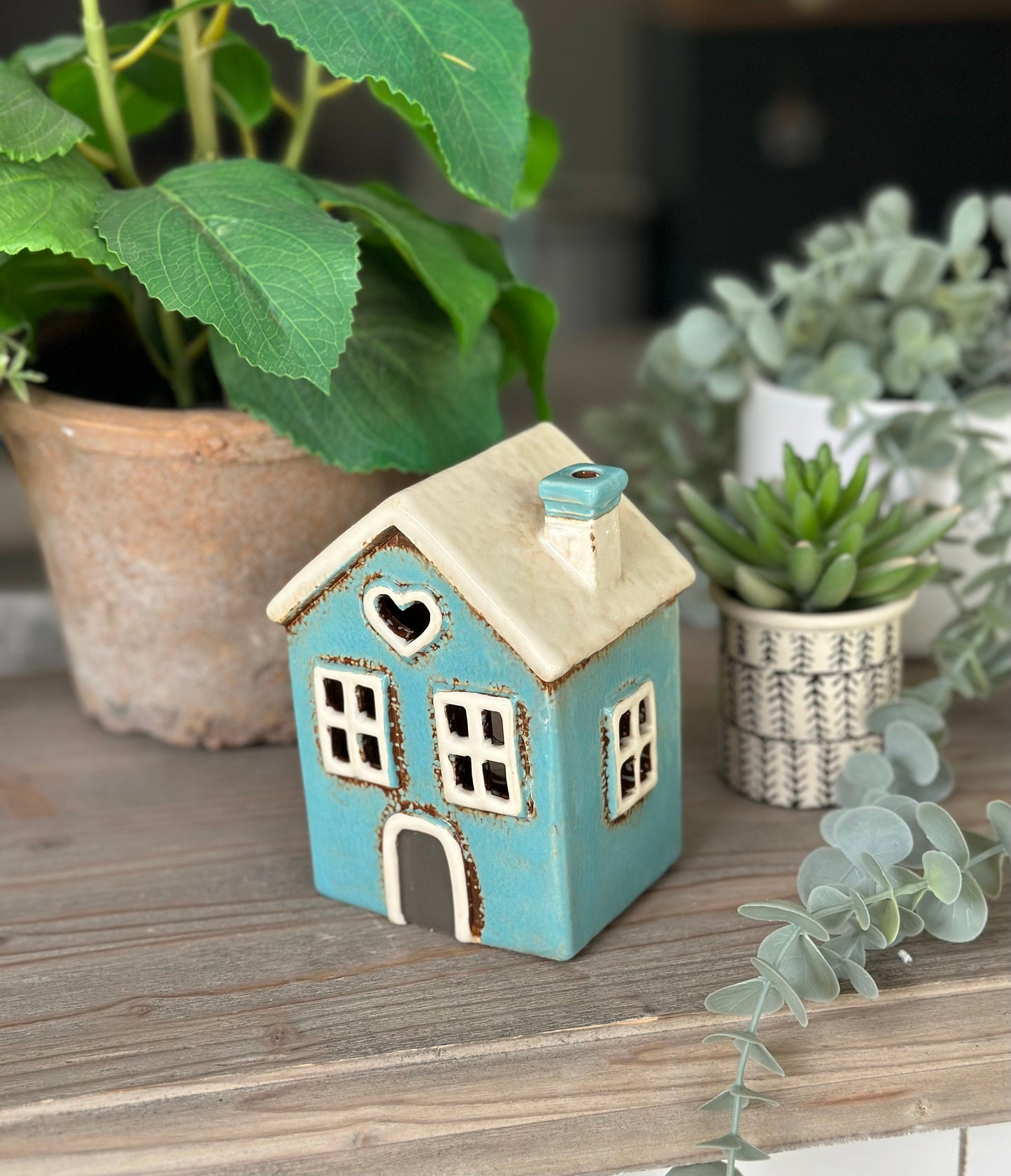 Glazed Ceramic Aqua Town Heart House Tea light