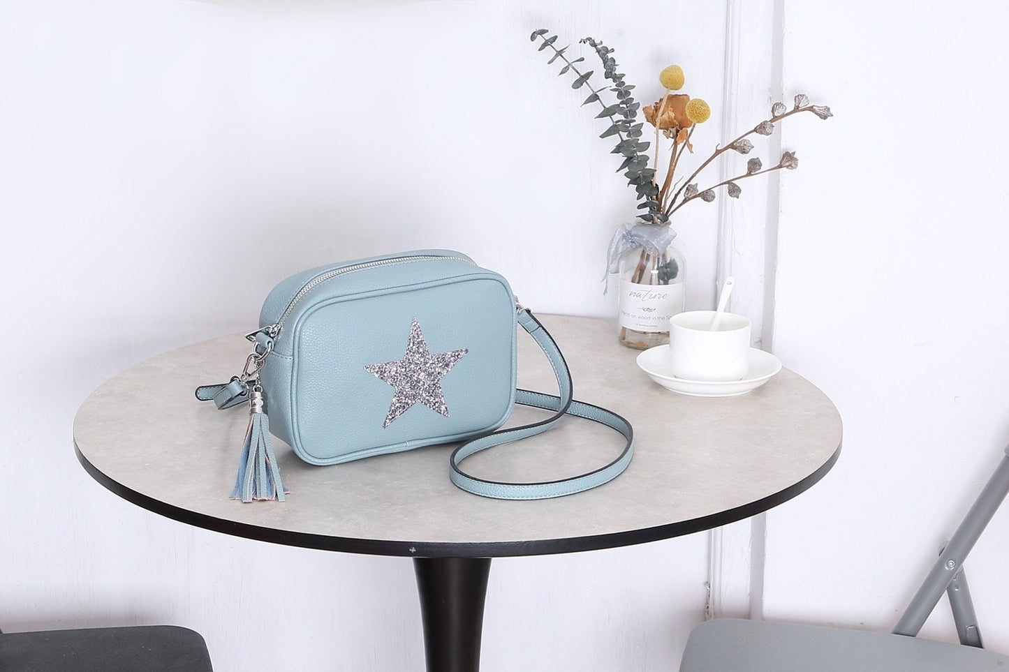 Cadet Blue Cross Body Handbag with Silver Star