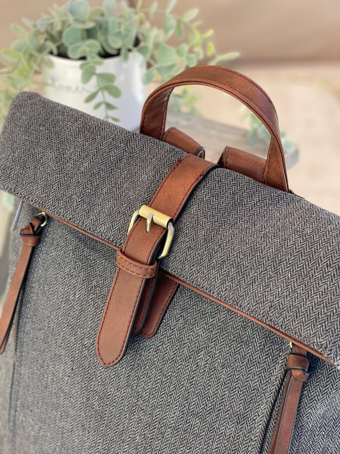 Grey Herringbone Rucksack/Backpack