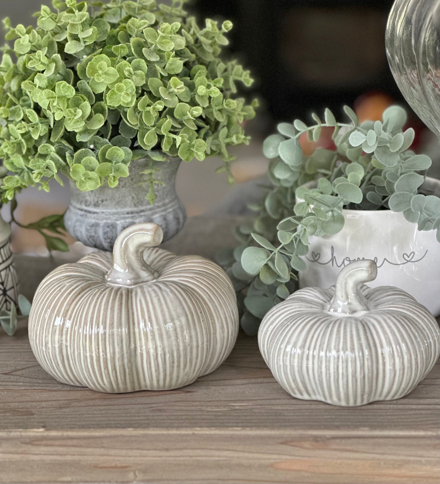 Distressed Ribbed White Ceramic Pumpkins - Choice of 2 Sizes