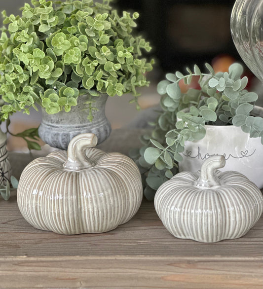 Distressed Ribbed White Ceramic Pumpkins - Choice of 2 Sizes