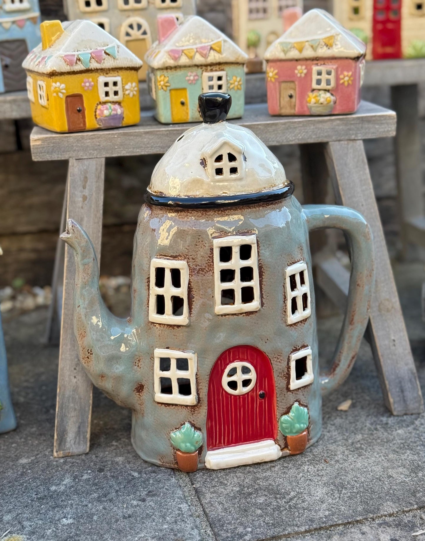 Large Grey Teapot Tealight/Candle Holder/LED Lights