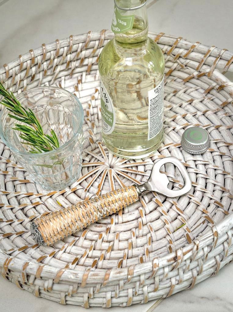 Distressed White Rattan Round Tray