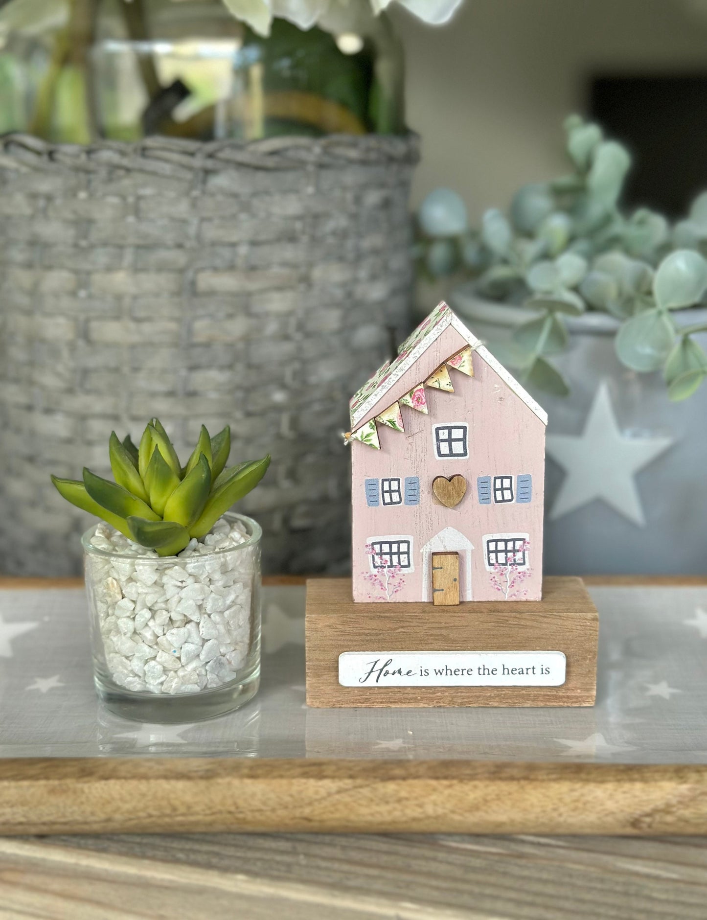 Pink Wooden House Block  "Home is where the heart is"
