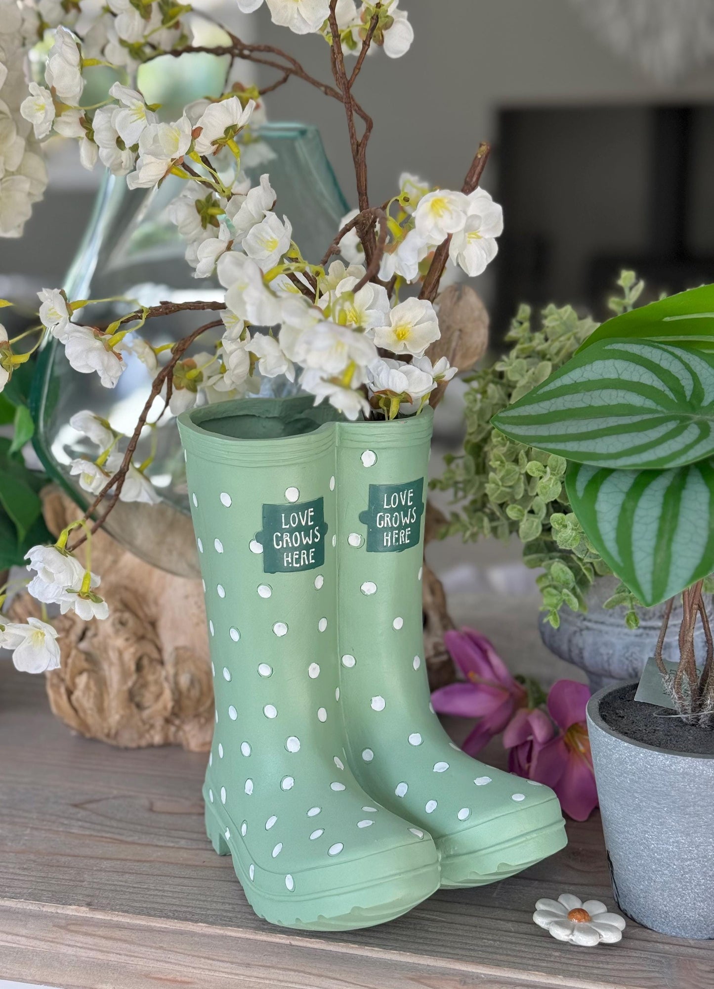 Green Polka Dot Welly Planter